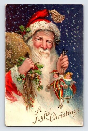 Santa Claus with Jester~Doll Switches~Holly~Antique~Christmas Postcard~h828