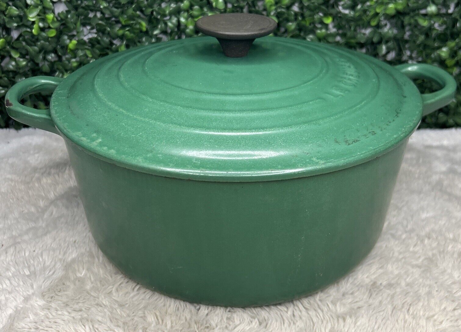 Le Creuset France #24 Dark Green Enameled Cast Iron Dutch Oven With Lid EUC