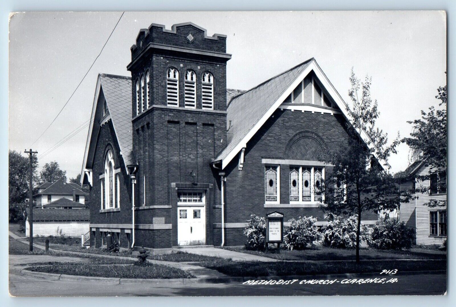 Clarence Iowa IA Postcard RPPC Photo Methodist Church Scene Street c1950\'s