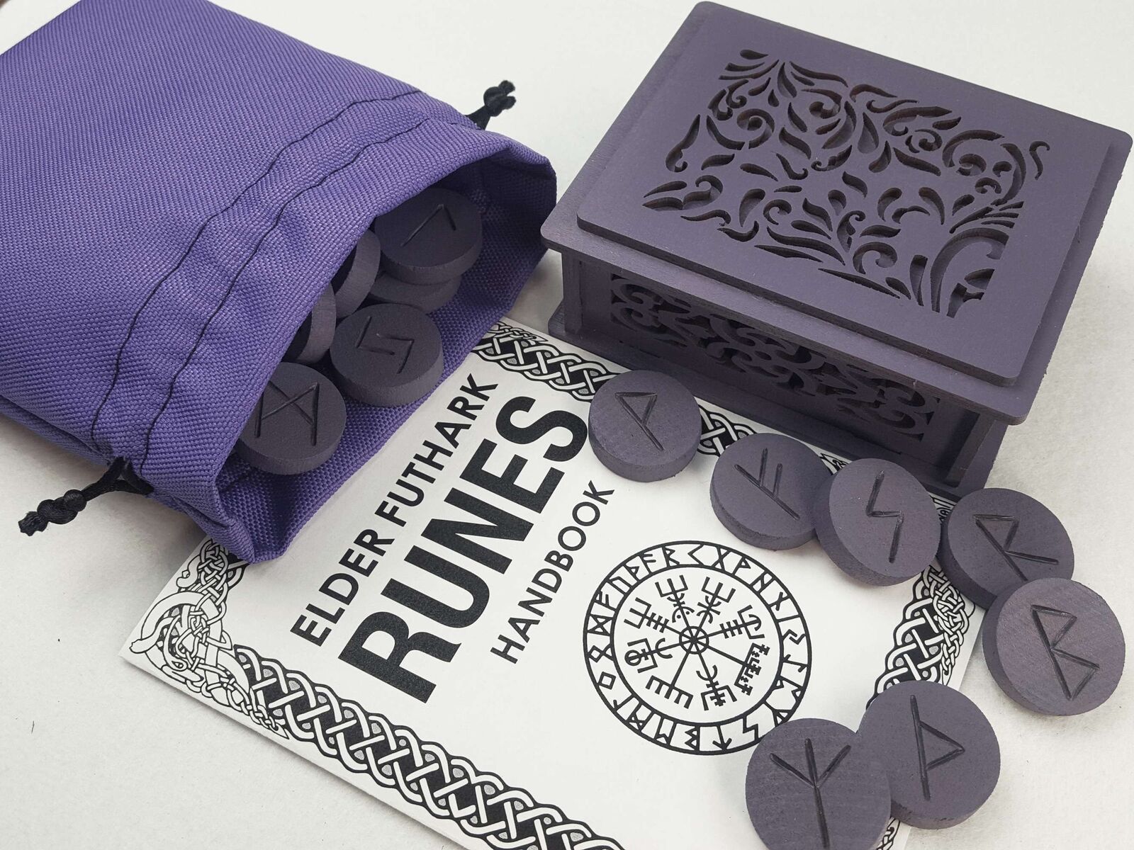 Mystical Purple Runes Gift set with Box Bag & Book Divination tools Futhark