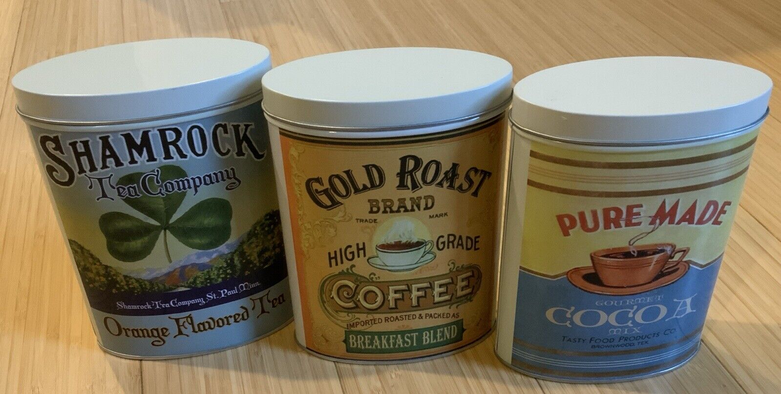 LOT OF 3 Vintage Tins - Gold Roast Coffee, Shamrock Tea Co & Pure Made Cocoa Mix