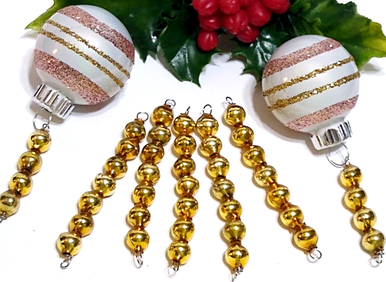 VTG Gold Mercury Glass Bead Icicle 7 CHRISTMAS Ornaments SHINY BRITE RADKO