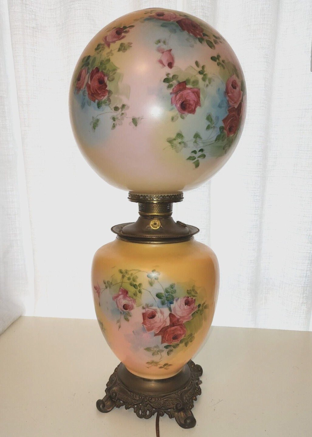 Antique Jumbo GWTW Converted Oil Banquet Lamp Rose/Floral, Top/Bottom Lights
