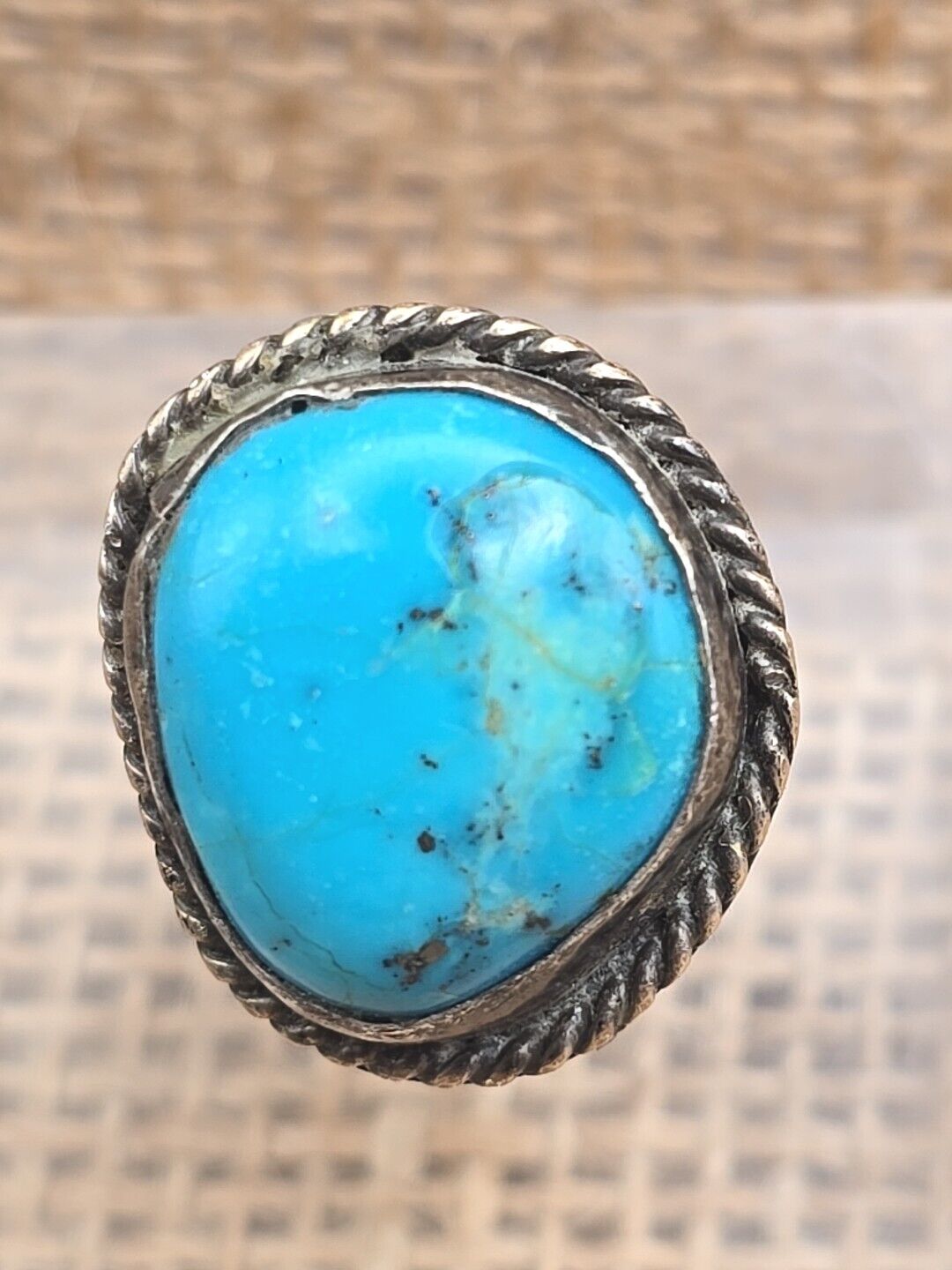 Old Pawn Sterling silver Turquoise RIng Size 6 Large Geometric Abstract