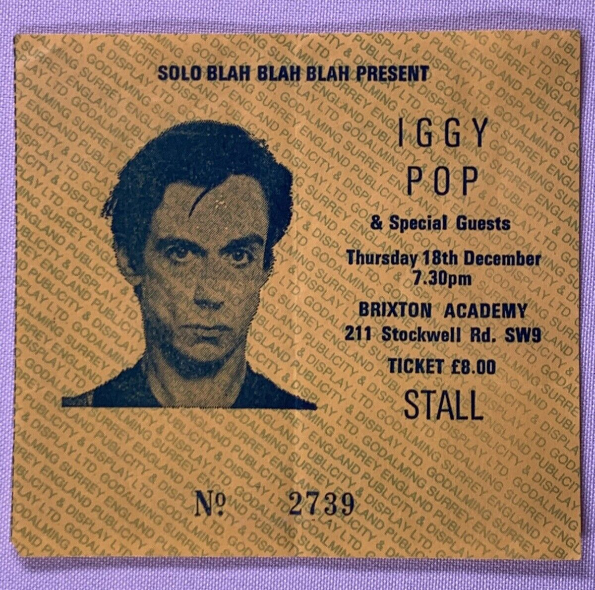 Iggy Pop Ticket Original Blah Blah Blah Tour Brixton 1986
