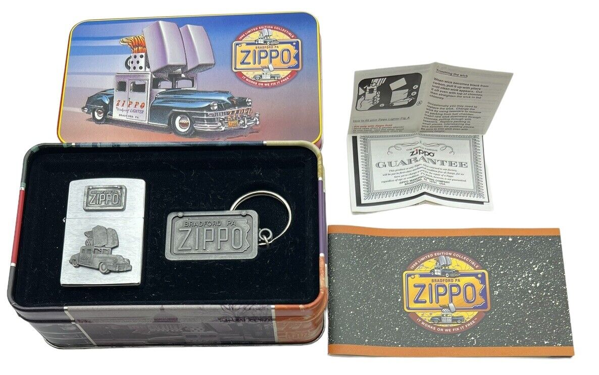 Vintage 1998 Zippo Car Chrome Zippo Lighter With Keychain Collectible Tin New