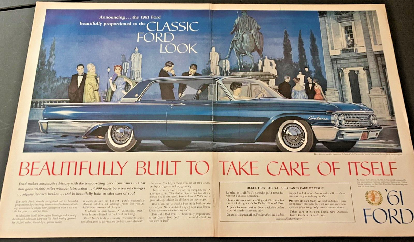 Blue 1961 Ford Galaxie Club Victoria in Piazza del Campidoglio Vintage Print Ad