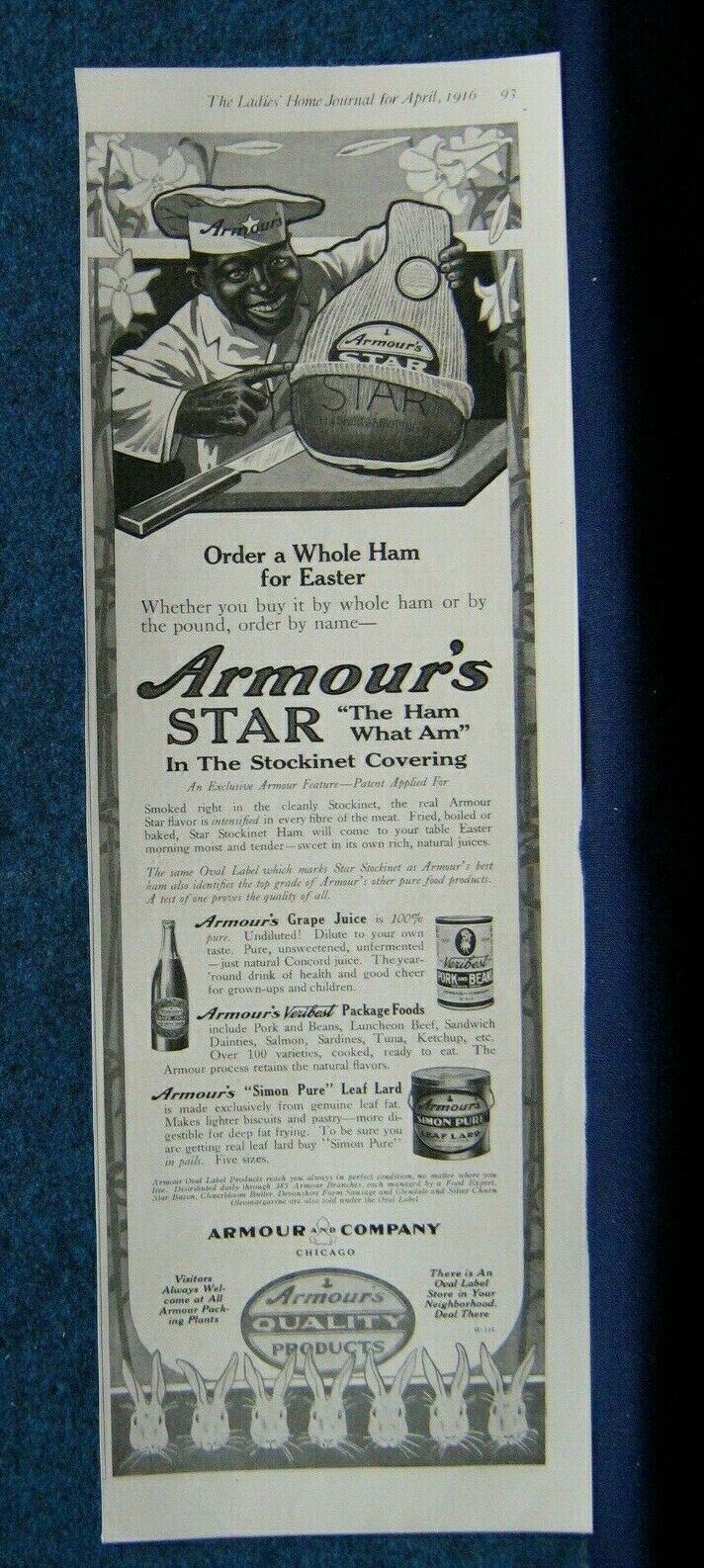 1916 Black Cook Prefers  Armour\'s Star Ham For Easter  Black Americana Ad Print 