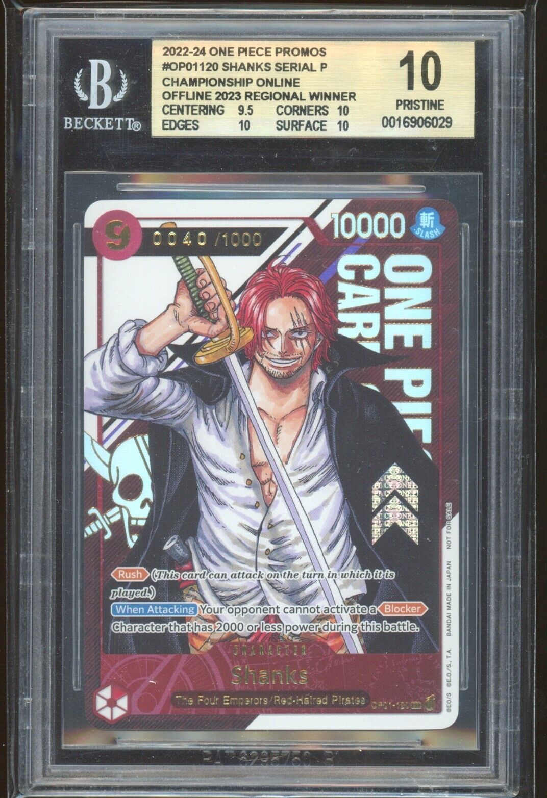 2022-2024 One Piece Serialized Shanks Promo English CLEAN NUMBER 040 BGS 10