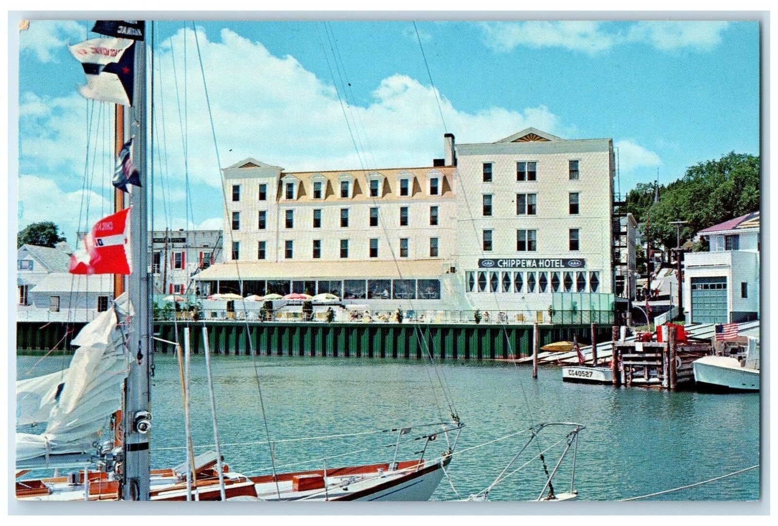 c1950's The Chippewa Motel & Restaurant Sailboat Mackinac Michigan MI Postcard