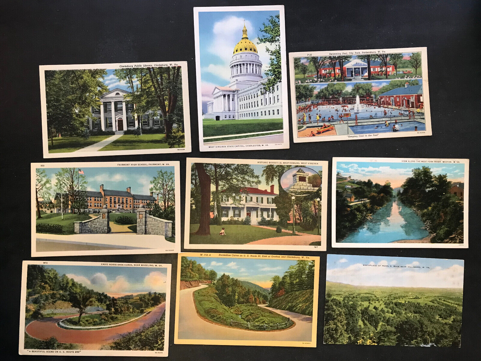 9 Vintage Postcards WV West Virginia Clarksburg, Charleston, Weston, Hillsboro