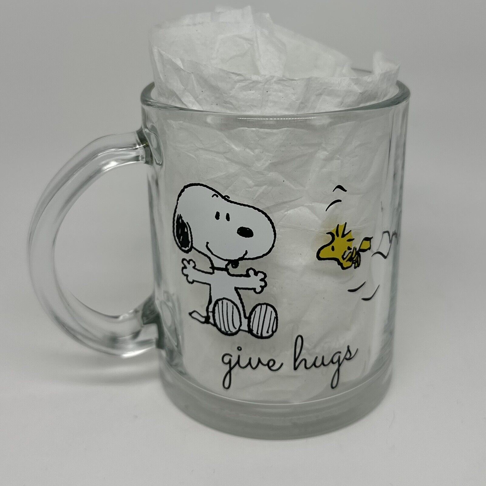 Peanuts-Vintage Inspired-Snoopy and Woodstock Give Hugs Clear Glass Mug NEW Rare