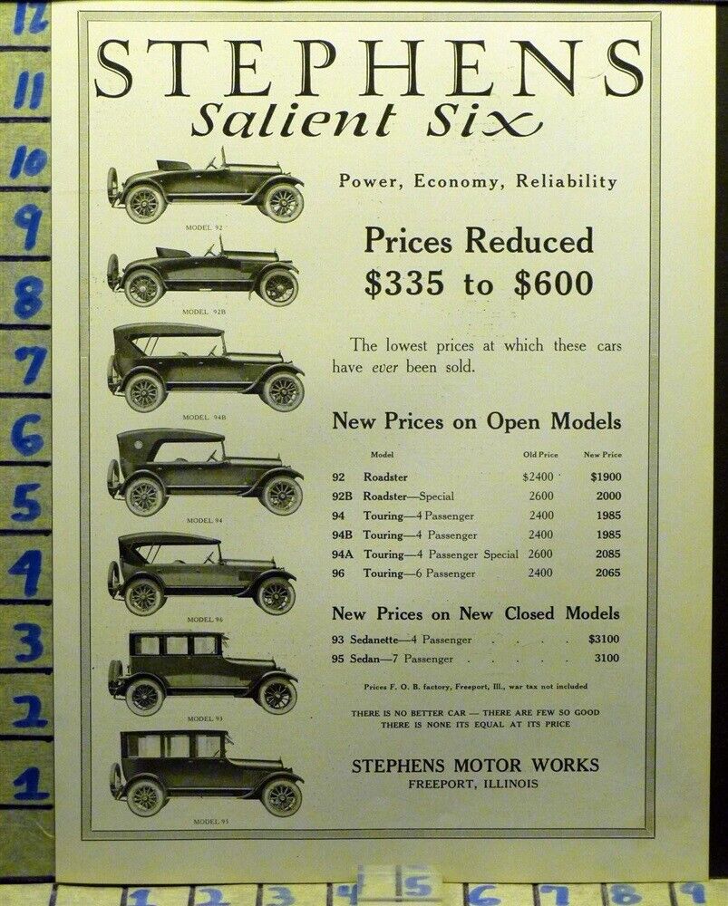 1921 STEPHENS BODY STYLE CHART CAR ROADSTER TOUR SEDAN AUTO SPORT MOTOR AD AA55