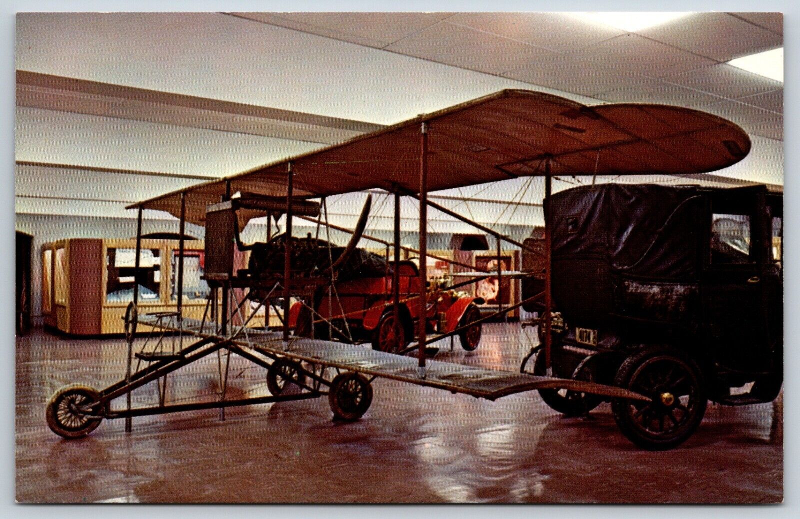 Postcard Kansas State Historical Society Biplane Cars Topeka Kansas Unposted