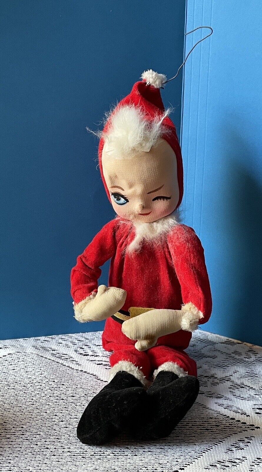 Vintage Poseable Winking Santa Elf 10.5” Christmas Ornament Figure