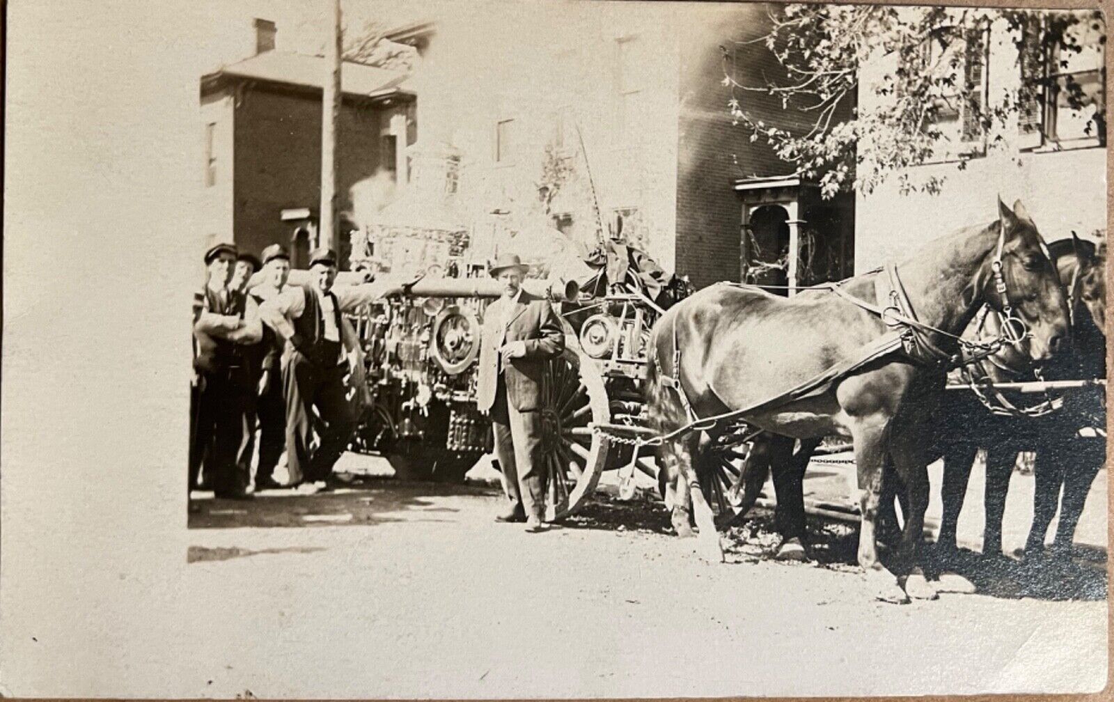 RPPC Springfield Ohio Horse Drawn Fire Wagon Men Real Photo Postcard c1910