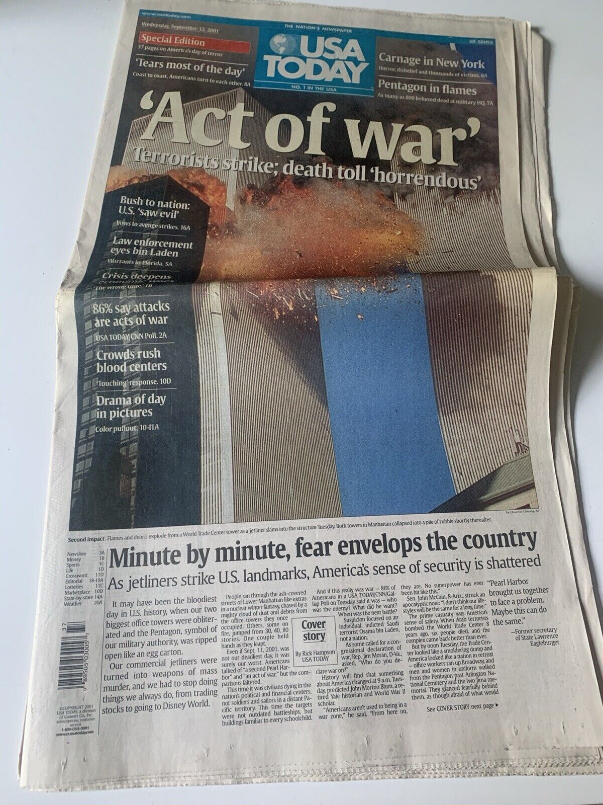 9/11- USA TODAY- DATED SEPT.12,2001-