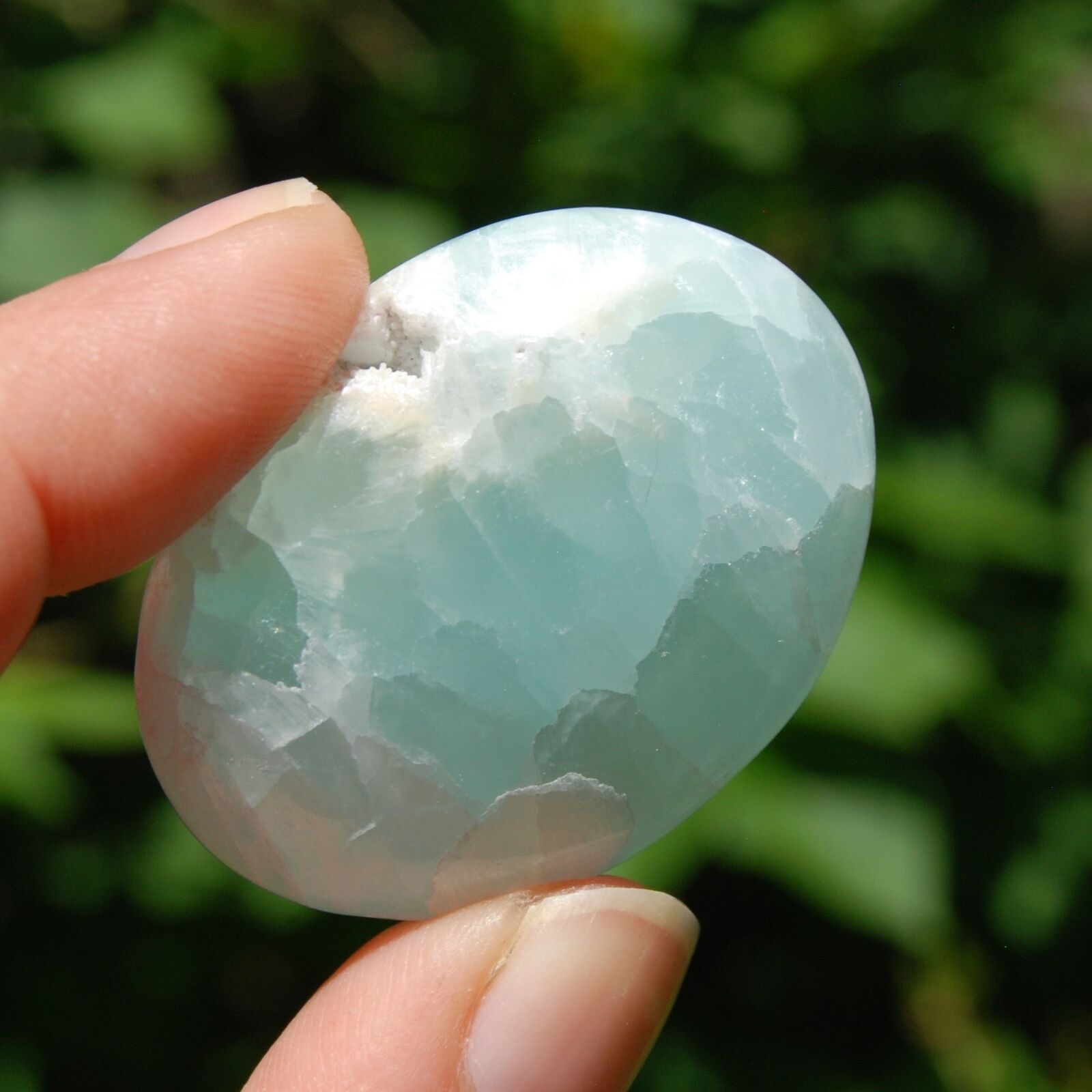 1.6in Caribbean Blue Calcite Crystal Palm Stone, Pakistan