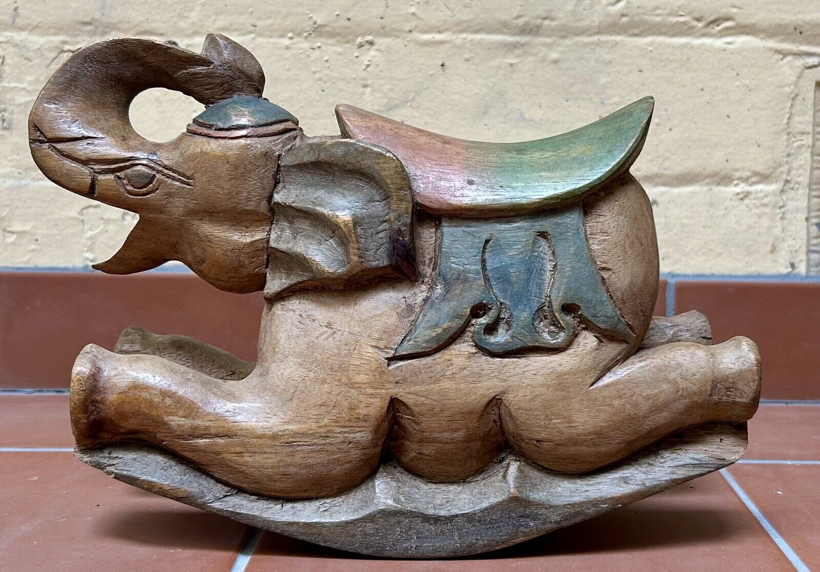 Carved Wooden Elephant Vintage Rocking Toy Sculpture Rare