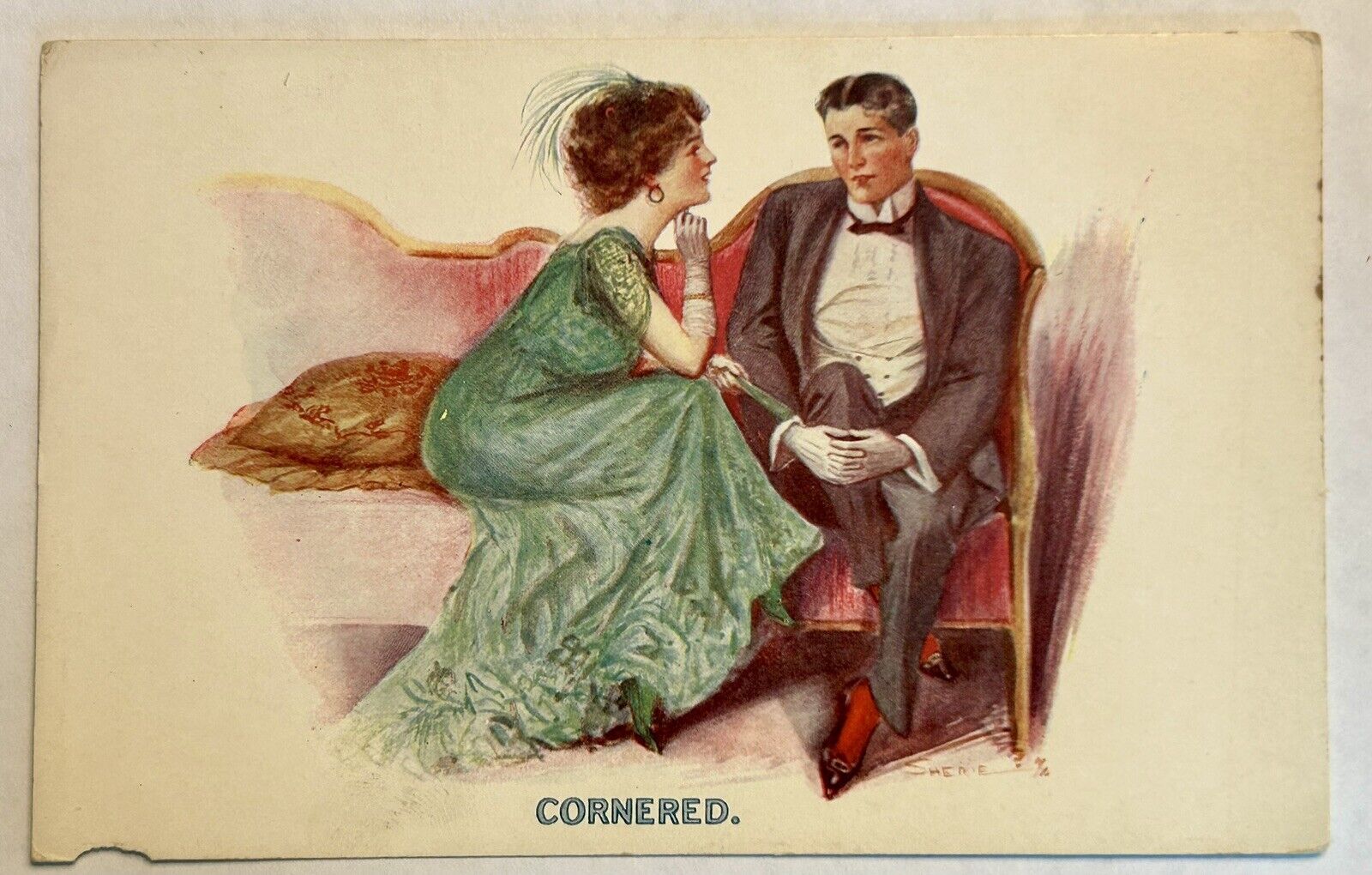 Woman Corners Man. Vintage love and romance postcard early 1900s.