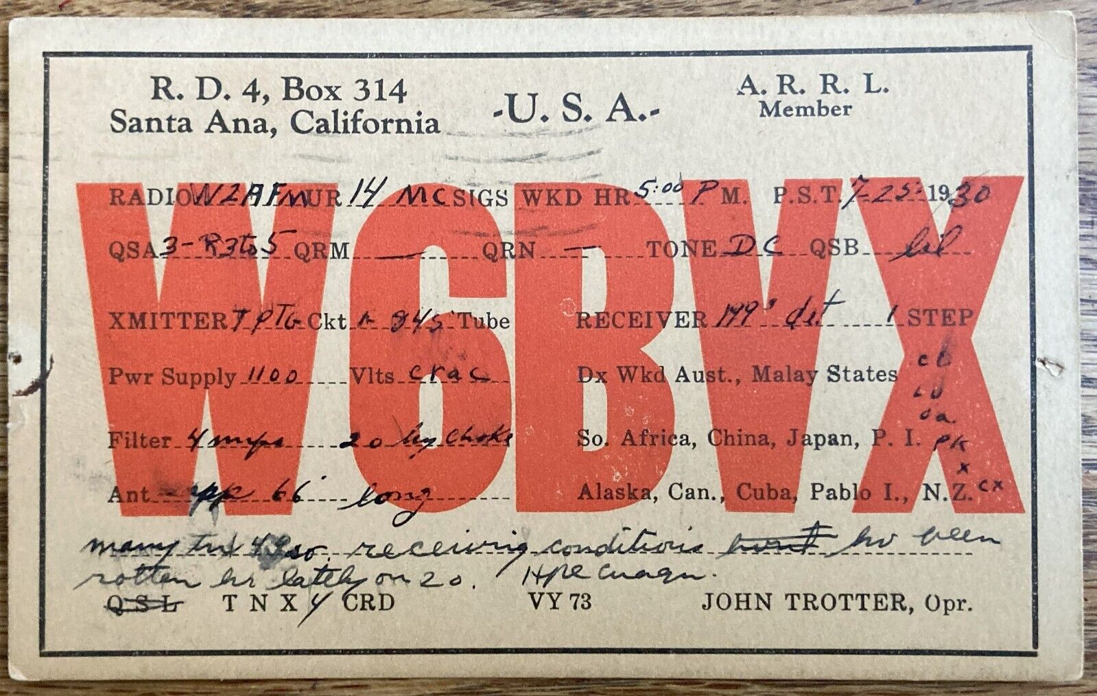 QSL Card - 1930 - Santa Ana, California USA - W6BVX - John Trotter Stamp