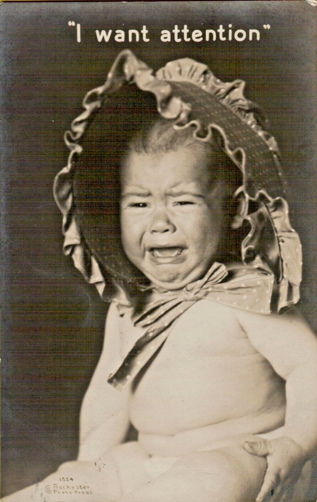 RPPC Postcard Crying Baby in a Polka Dot Bonnet 1915 Rochester Photo Press