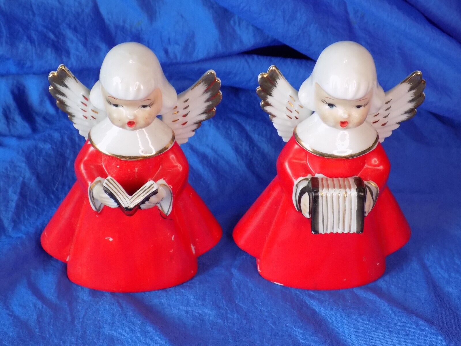 Chase Christmas Angels Pair x2 Accordion & Hymnal in Red Hand Painted Japan VTG