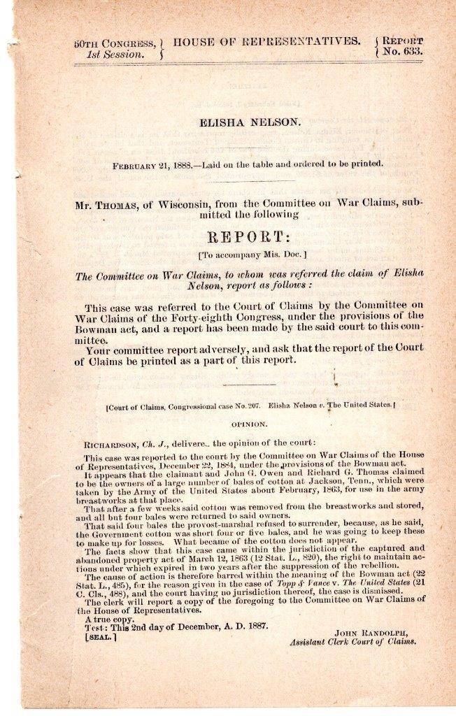 Cmte on War Claims-2/21/1888 Elisha Nelson re: Bowman Act (22 Stat.L.,p.485)