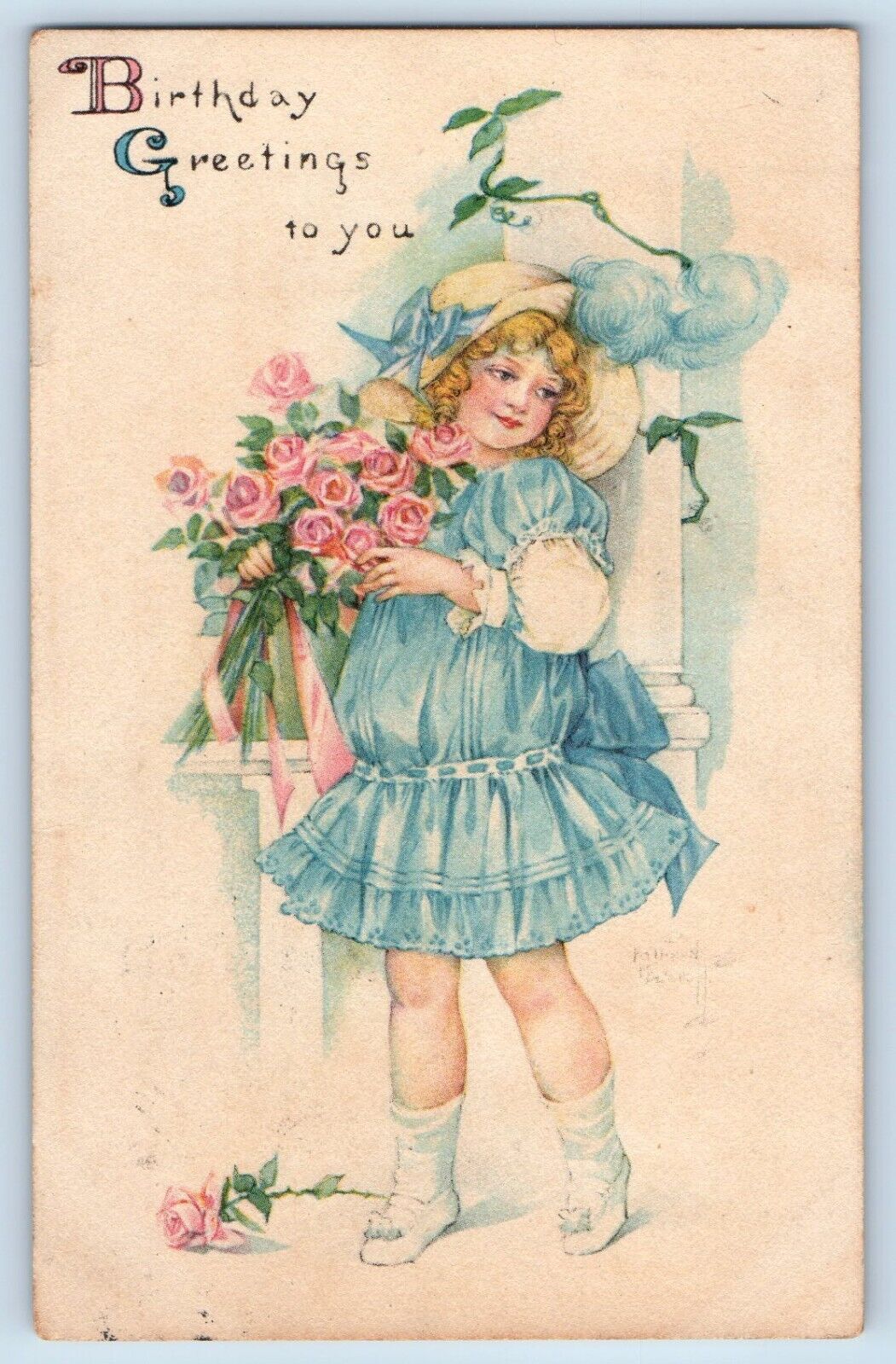 Birthday Postcard Greetings Pretty Girl Flowers Roses c1910's Posted Antique