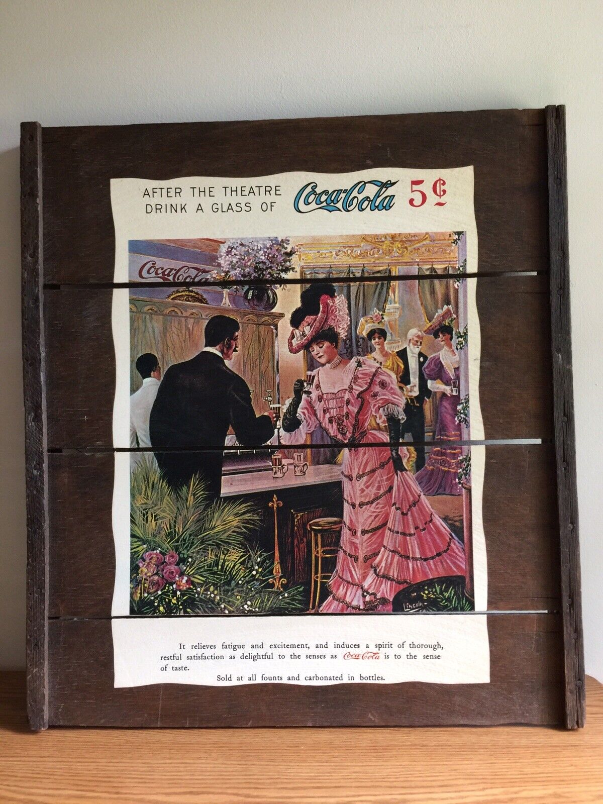 Vtg 27x24” Wooden Advertising Sign Coca Cola 5c Barn Wood Style Wall Hanging