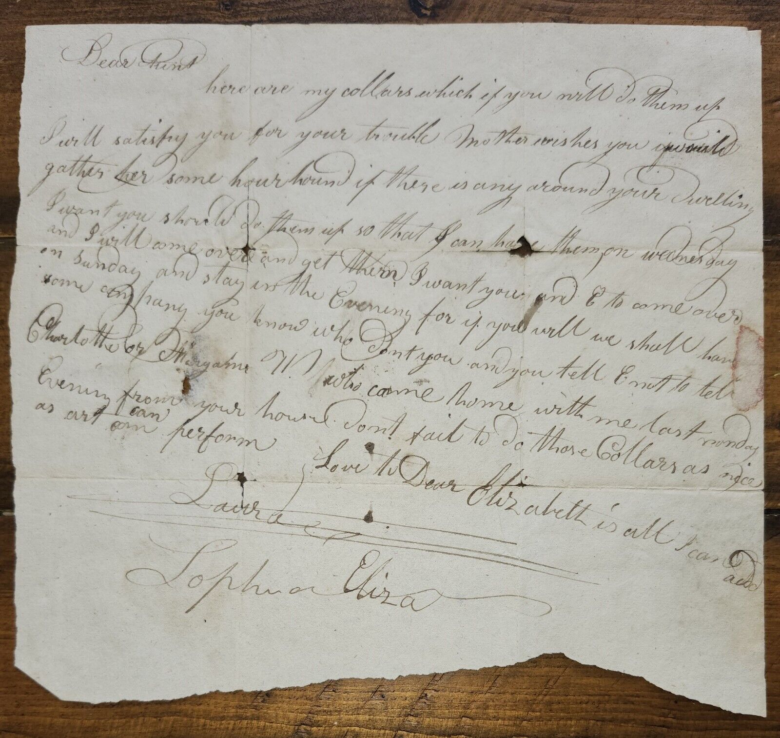 Handwritten letter early 1800s to Sarah Corning Preston, about making collars