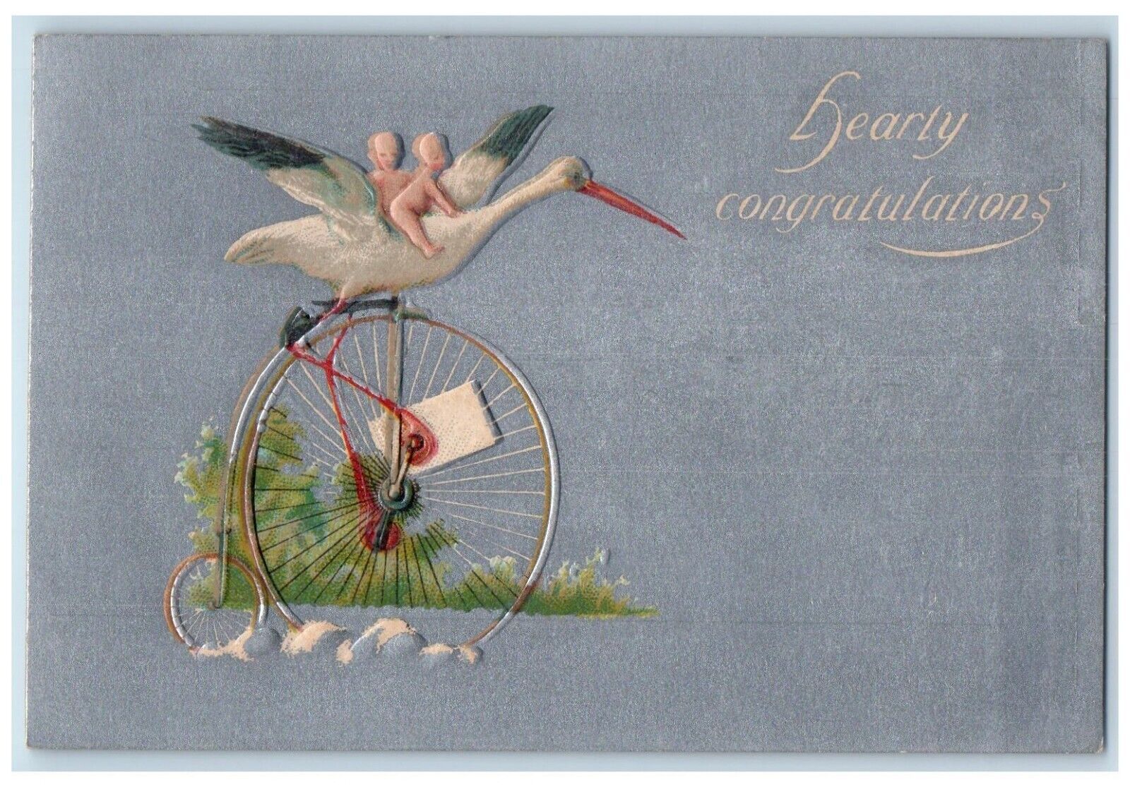 c1910\'s Hearty Congratulations Stork Babies Bicycle Ride Embossed Postcard