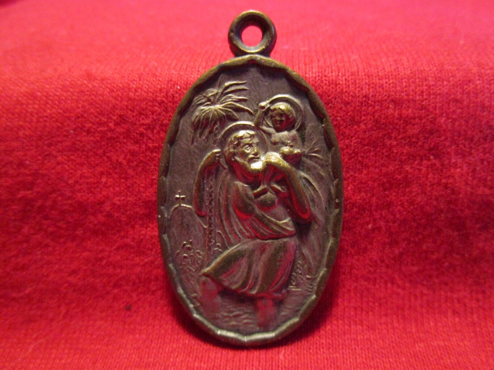 Vintage St Christopher Medal French St Anne de Beaupre Silverplated Brass 1-1/2\