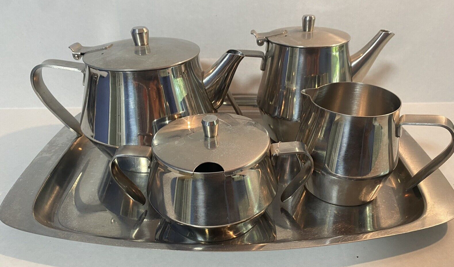 Funky Vintage Mid Century Modern Stainless Coffee & Tea Creamer Sugar with Tray 
