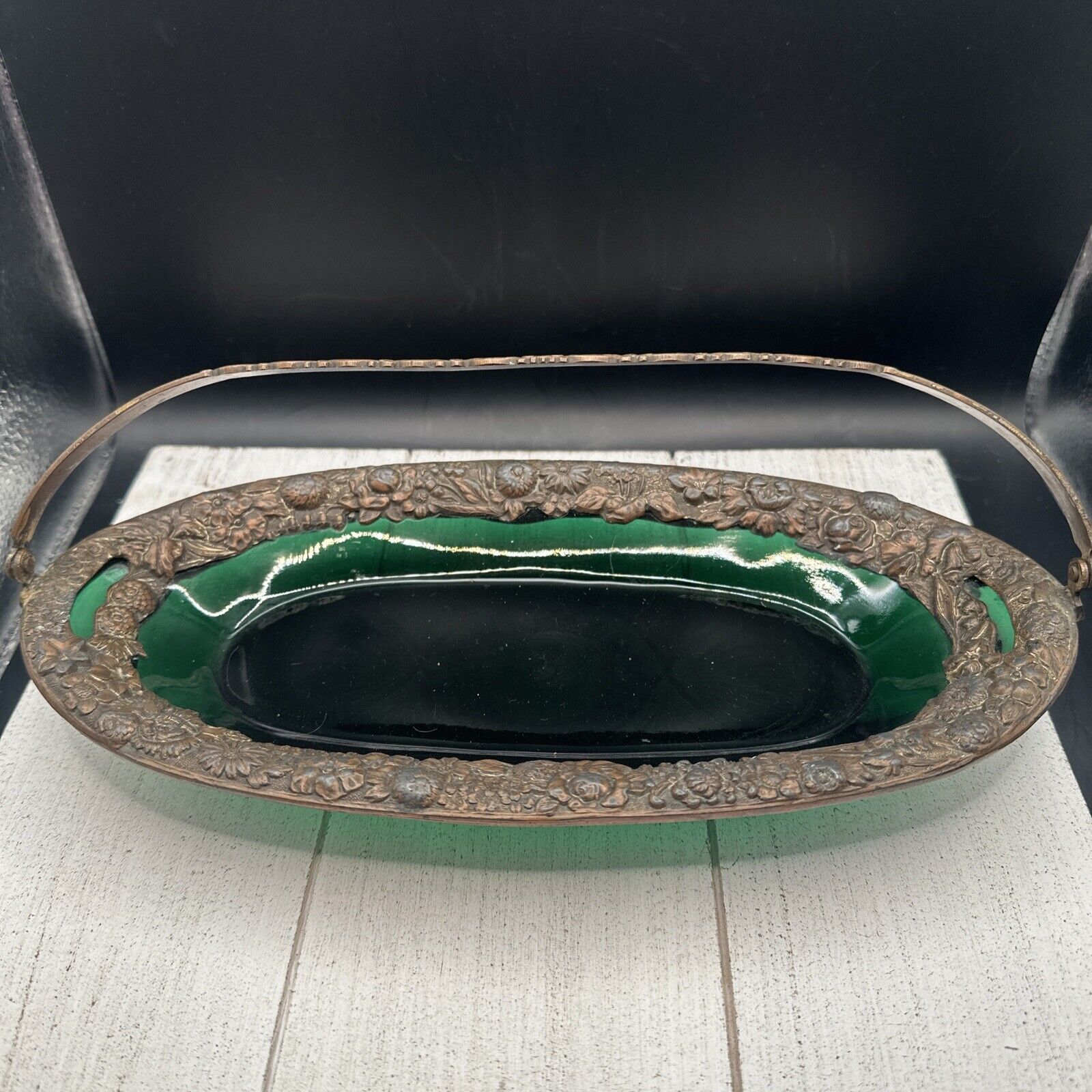 Japanese Ornate Metal and Sapphire Green Glass Basket Candy Dish Bowl W/ Handle