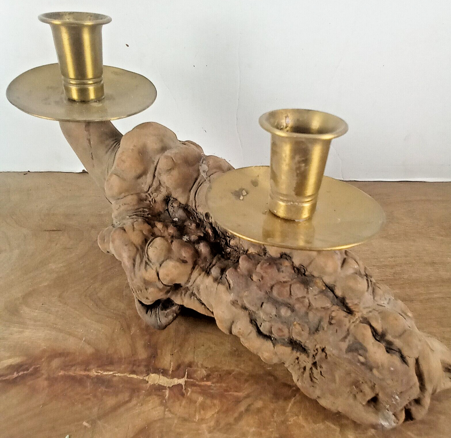 Burl Wood Double Candle Holder Brass Rustic Decor Driftwood MCM