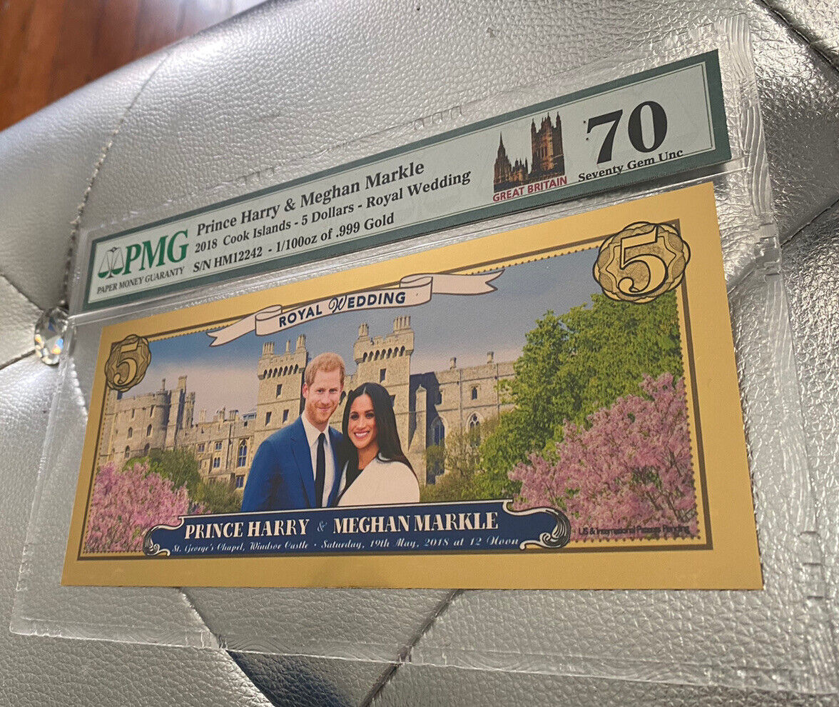 Very Rare PMG70 Prince Harry and Meghan Markle Royal Wedding 24K Gold Aurum Note