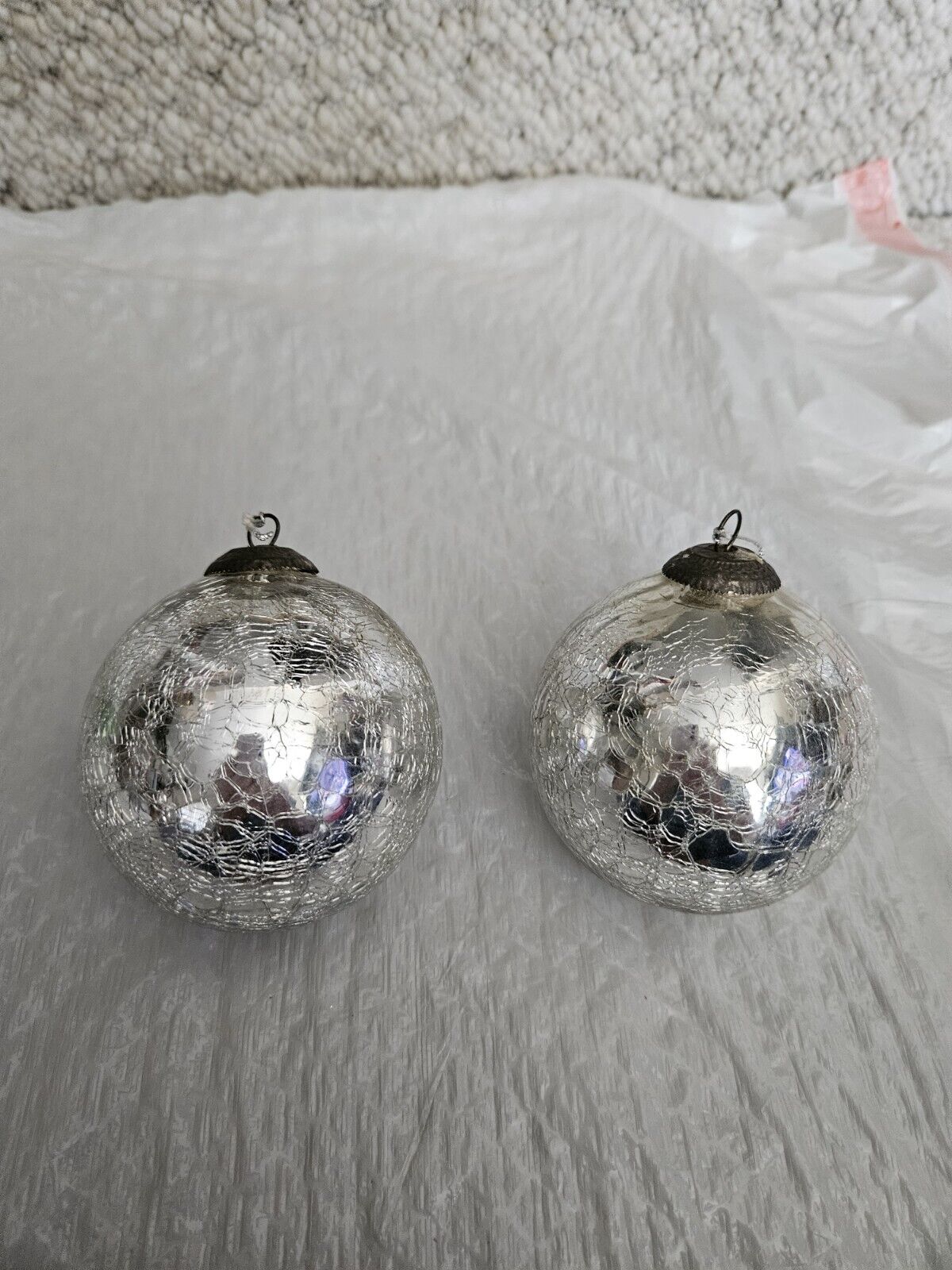 2 Vintage Christmas Ornaments Kugel Style 4” Heavy Crackle Glass Silver 