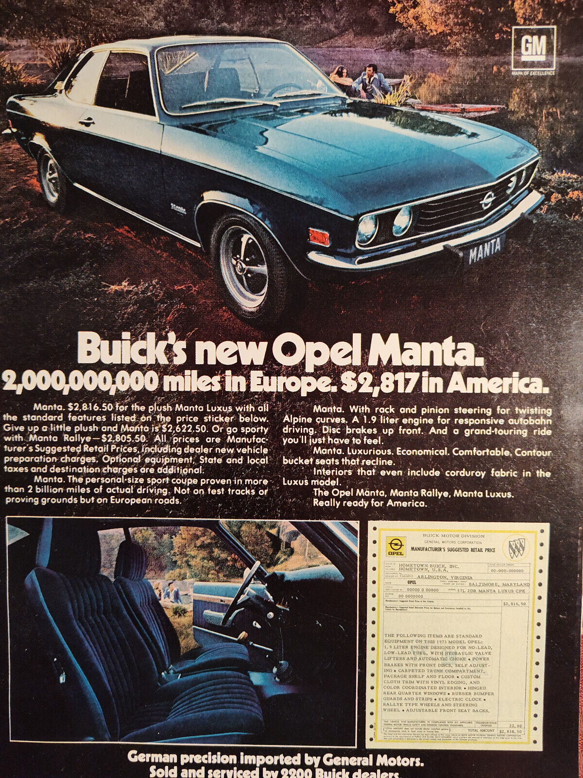1973 Esquire Original Art Ad Advertisement Buick\'s New OPEL MANTA