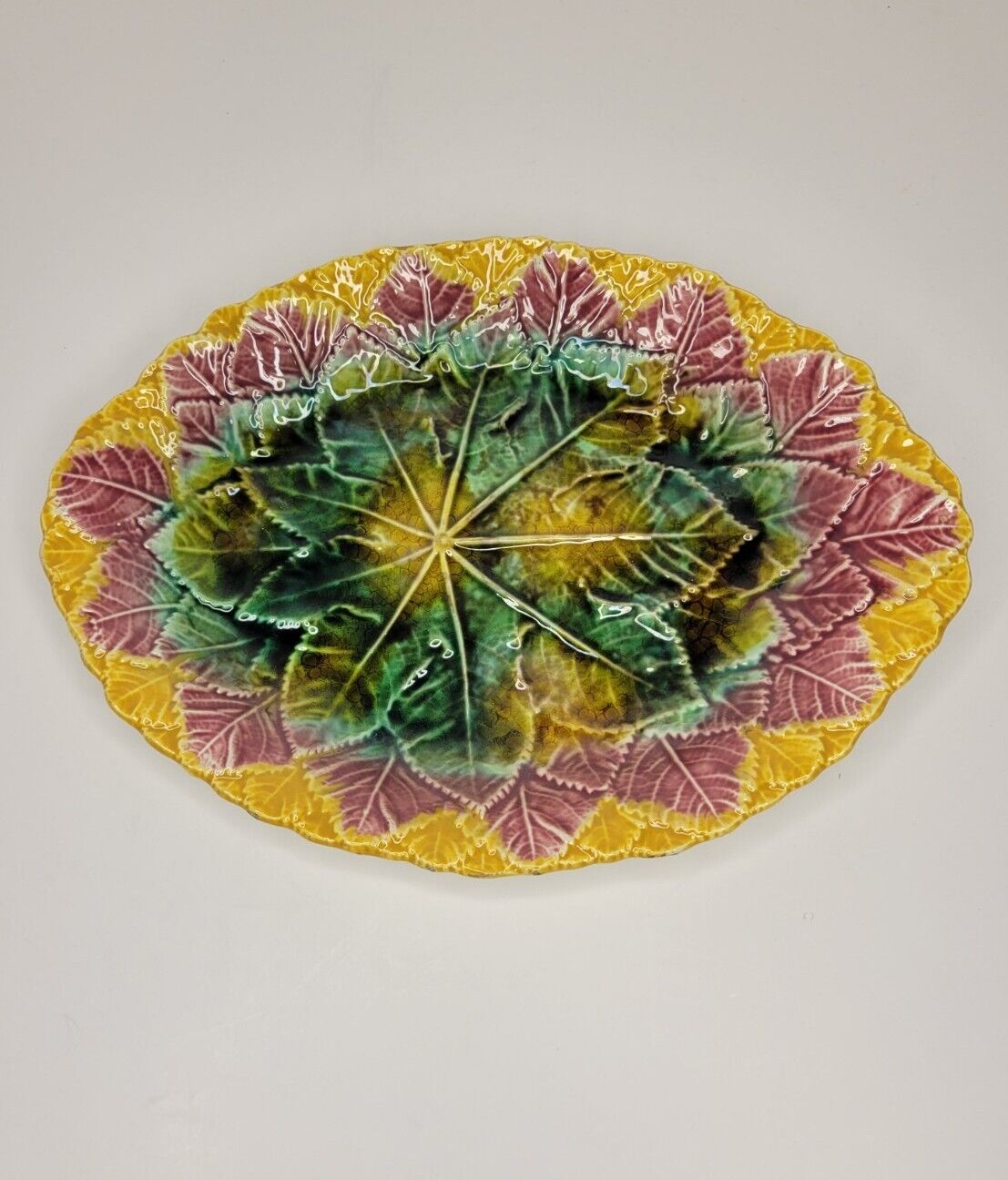 Antique Majolica Begonia Leaf Oval PLATE Platter Tray RARE COLOR HTF PIECE