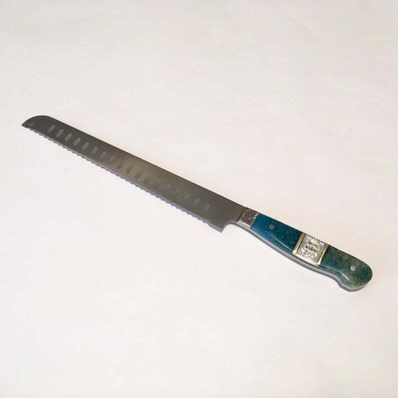 Serrated Stainless Steel Challah & Bread Knife, Aqua Bone Handle, Made to Order