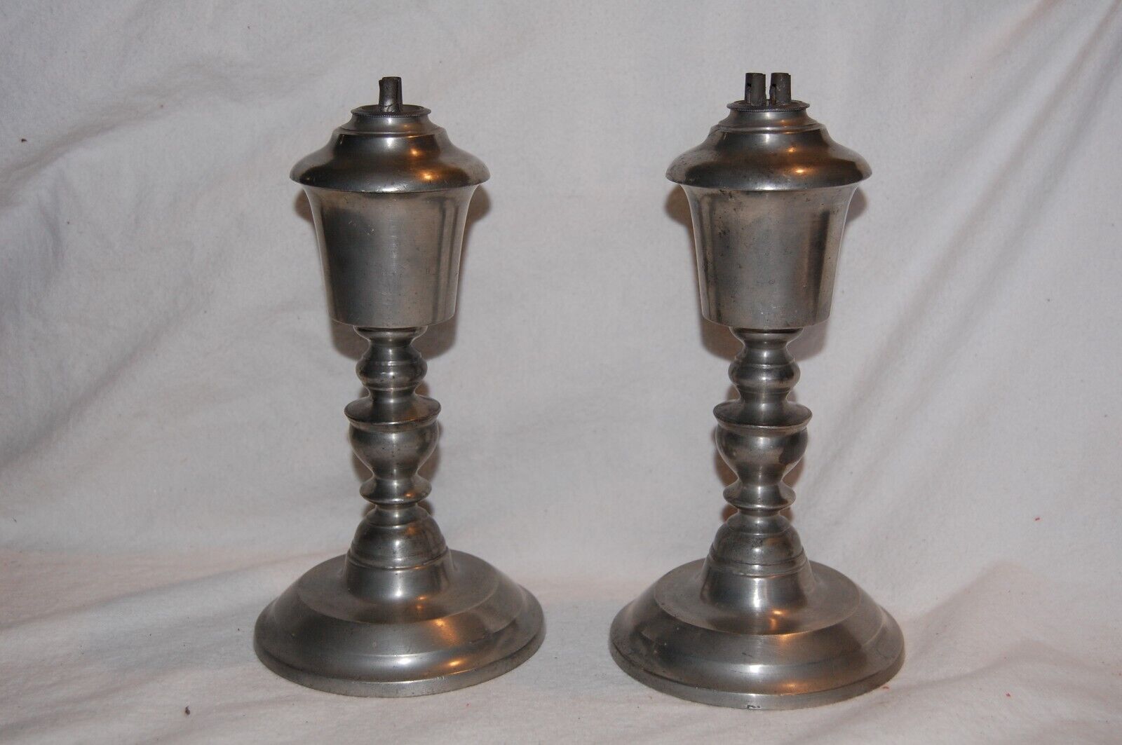 Antique Pair of Pewter Whale Oil Lamps 19th Century Rufus Dunham Portland Maine.
