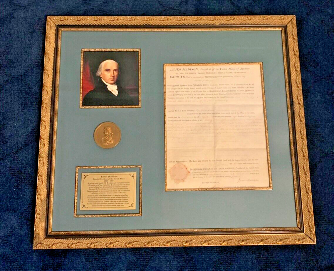 1815 President James Madison Signed Land Grant Framed PSA/DNA