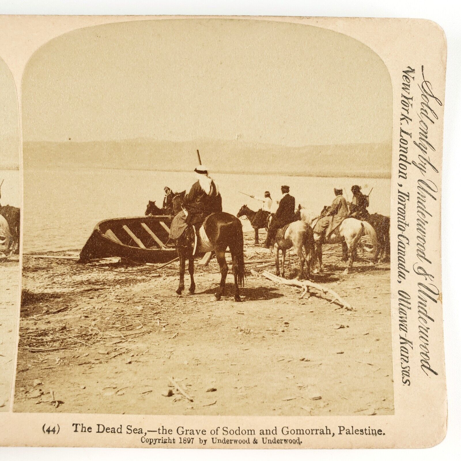 Dead Sea Beach Palestine Stereoview c1897 Boat Horse Men Antique Photo A2043
