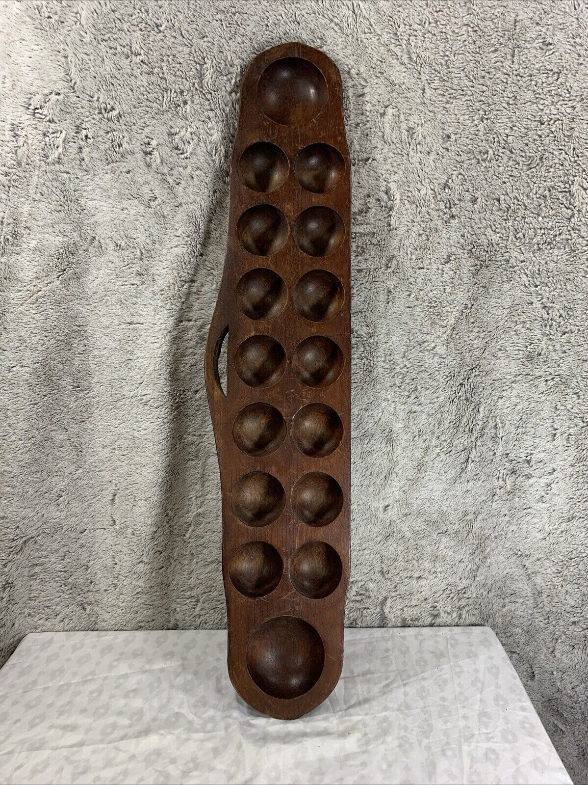 VTG African Mancala Game Board Wooden w/handle Hand Carved Beautiful Rustic