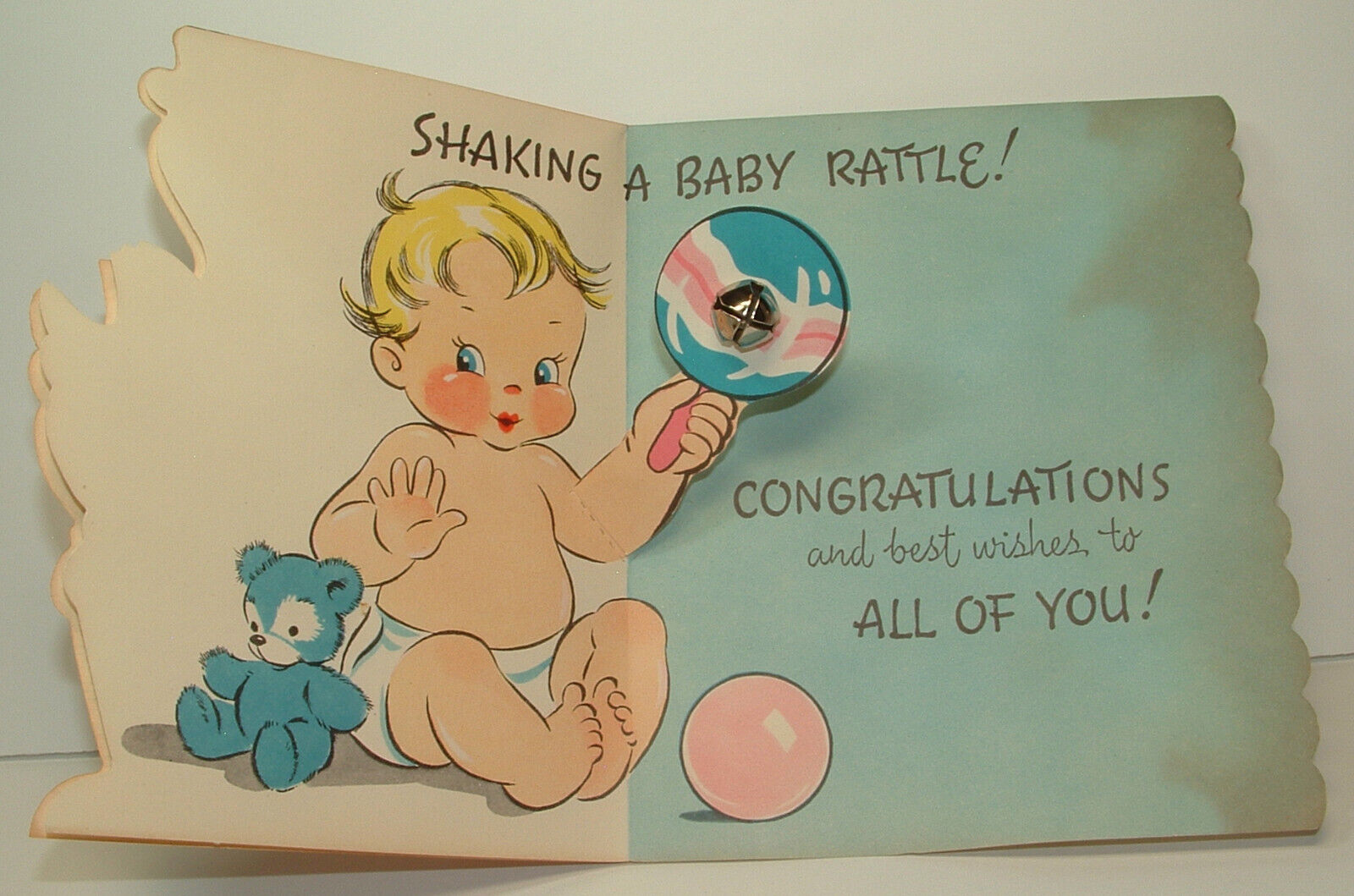 UNUSED - Pop-up Baby with Rattle, REAL Bell - 1950\'s Vintage New Baby Card