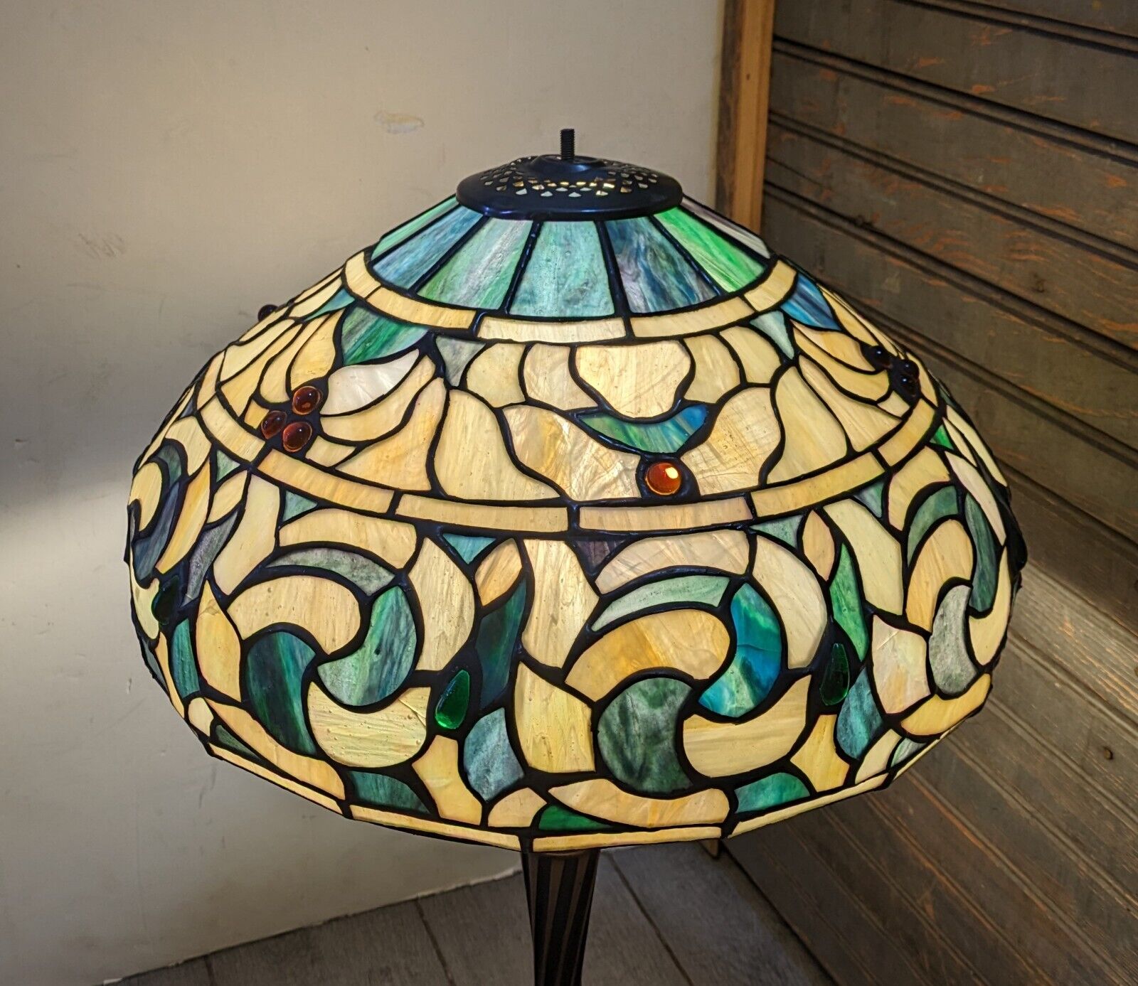 Vintage Tiffany Style Jeweled Stained Glass Lamp Shade K36
