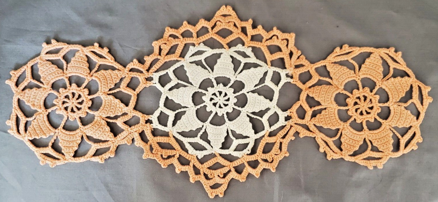 Crocheted Doily Vintage White Orange Flower Pattern Handmade Small Runner
