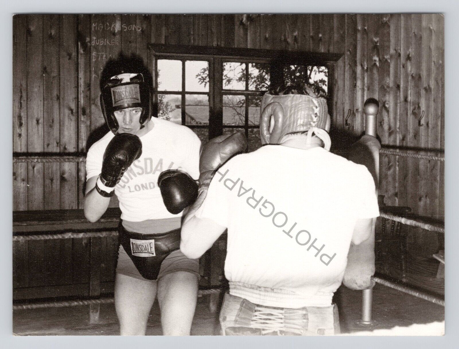 Old Photo B/W Two Boxers Boxing Ring Training Shorts Gloves  (#8)