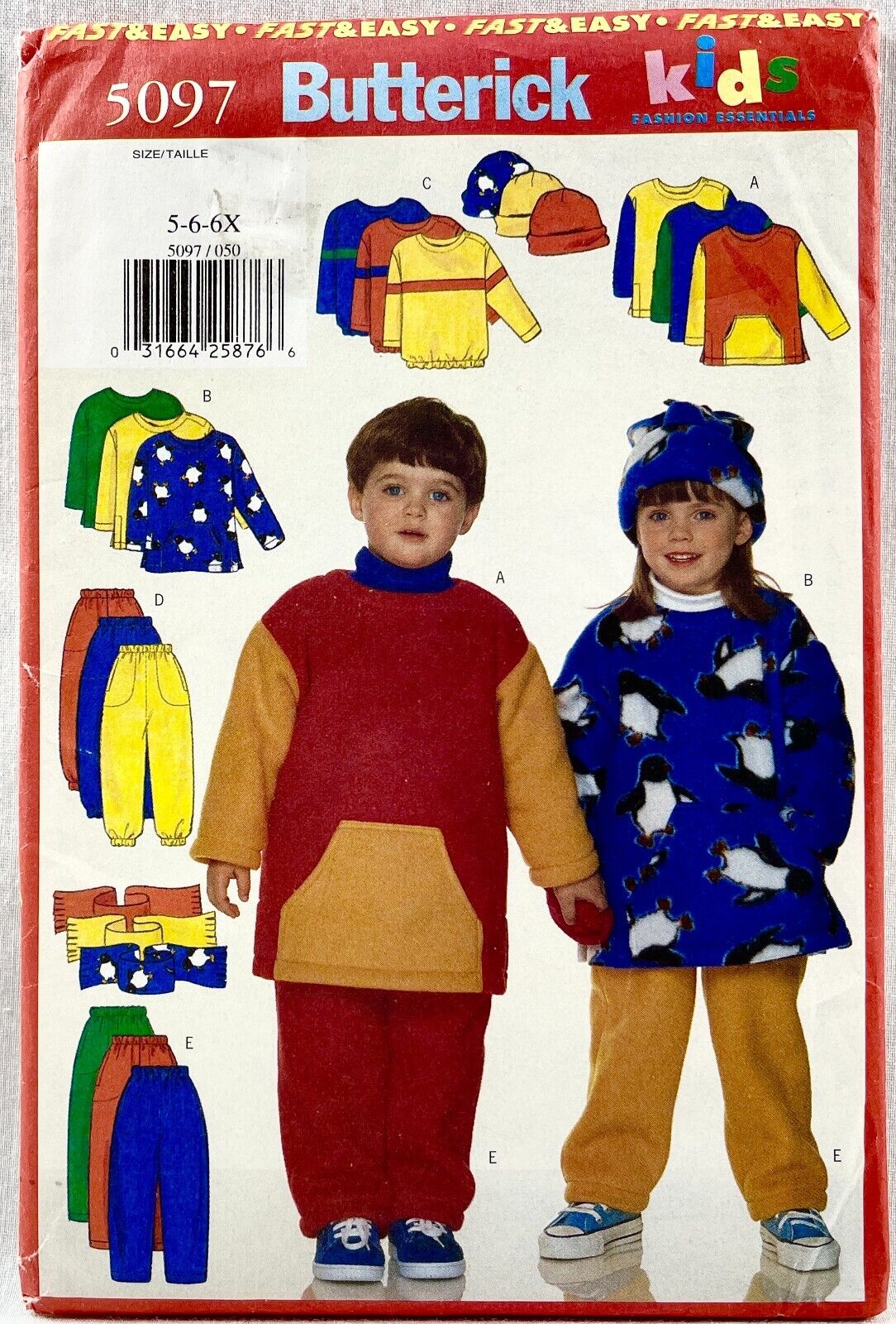 1997 Butterick Sewing Pattern 5097 Boys Girls Top Pants Hat Scarf Sz 5-6X 15254